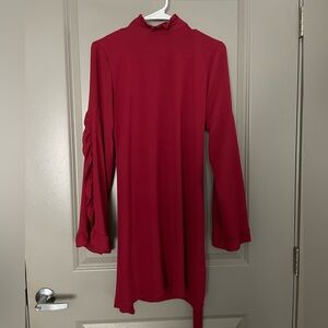 Boohoo burgundy high neck wide sleeve shift dress